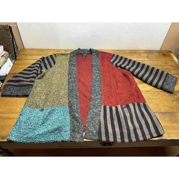 Ali Miles Boucle Knit Flyaway Colorblock 3/4 Sleeve Cardigan Sweater Womens 2X - Picture 2 of 12
